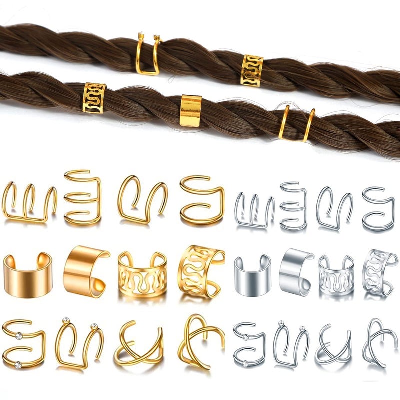 vfruua 24 Pcs Gold Silver Hair Braids Dreadlock Non-Piercing Ear Clip Beard Beads Cuffs Clip Hair for Women Men Hair Accessories Styling Jewelry Tools - Image 1